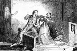Sixth (of eight) images from Cruikshank's "The Bottle" (Temperance Tales, 1848) captioned "Fearful Quarrels and Brutal Violence are the Natural Consequences. . . " (of The Bottle)