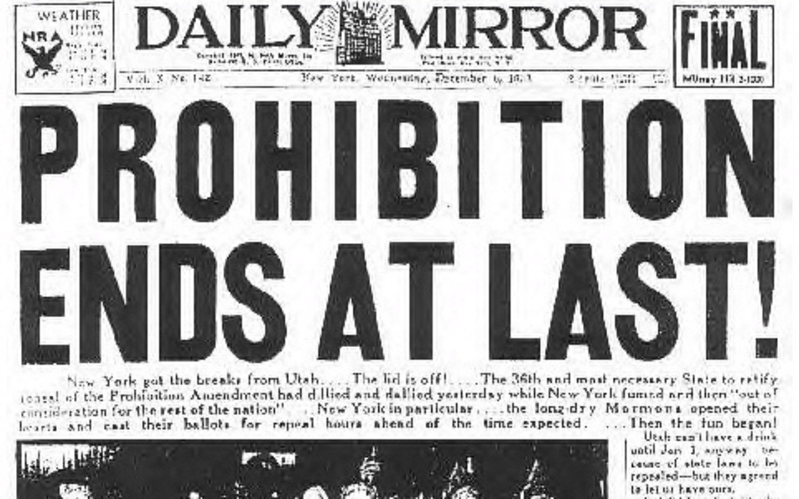 Newspaper headline Prohibition ends at last